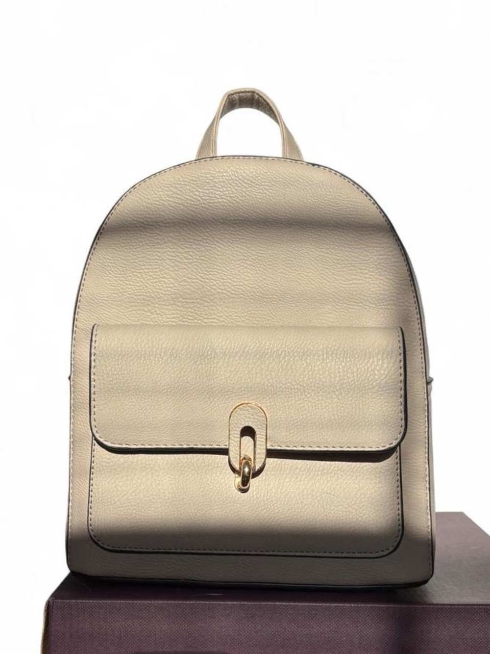 Cream Grey Leather Backpack with Front Pocket